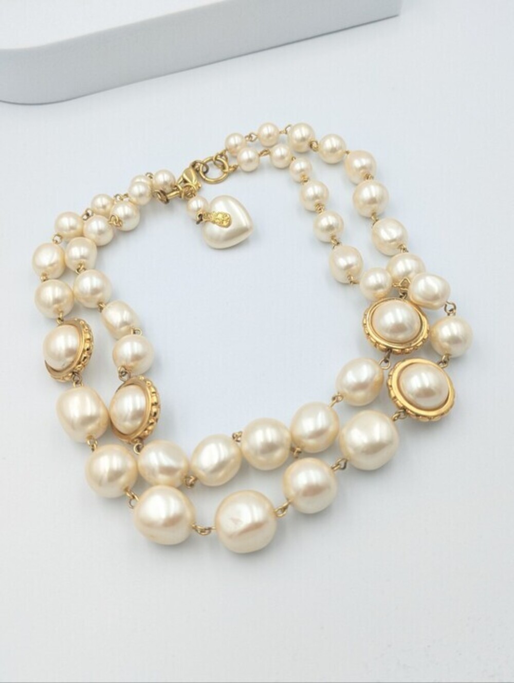 Vintage Liz Claiborne Faux Pearl Two Strand Choker Gold Tone Necklace